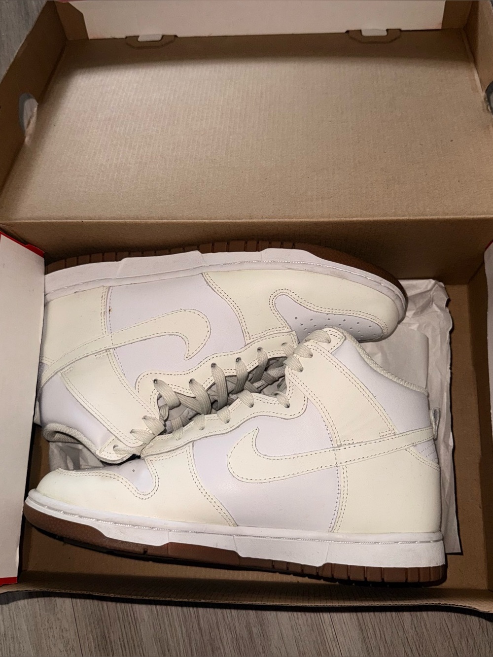 Women’s Nike Dunk High top Sneakers in White and Sail with Gum Outsole. Size 8.5